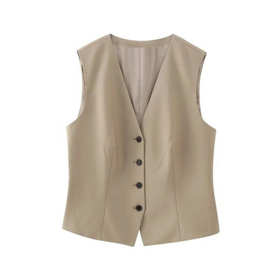 KEYANKETIAN Jesen, novi klasični, uski ženski prsluk s jednorednim kopčanjem s V-izrezom, moderan osnovni uredski ženski kratki prsluk bez rukava