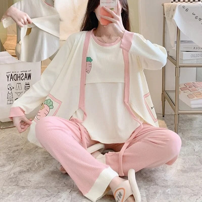 3 buc/set costume de pijama de maternitate pentru alăptare, cu imprimeu la modă, topuri pentru alăptare + paltoane cu mâneci lungi + pantaloni lungi set haine pentru sarcină