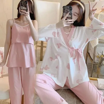 3 kom/komplet trudničke pidžame, odijela za dojilje, modne majice s printom za dojenje + kaputi s dugim rukavima + duge hlače, komplet odjeće za trudnice