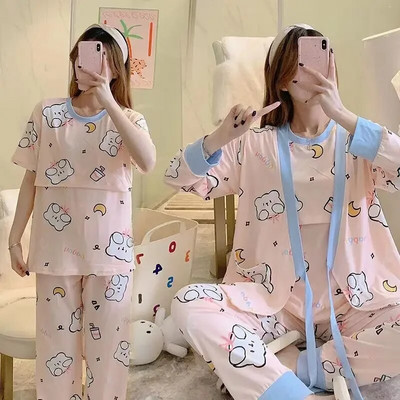 3 kom/komplet trudničke pidžame, odijela za dojilje, modne majice s printom za dojenje + kaputi s dugim rukavima + duge hlače, komplet odjeće za trudnice