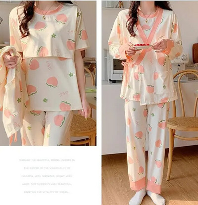 3 kom/komplet trudničke pidžame, odijela za dojilje, modne majice s printom za dojenje + kaputi s dugim rukavima + duge hlače, komplet odjeće za trudnice