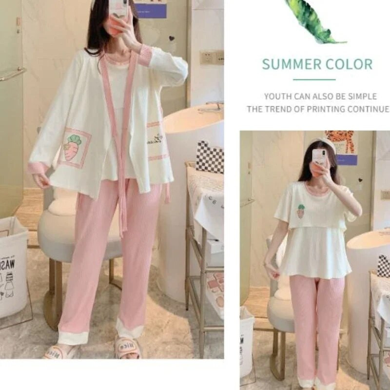 3 kom/komplet trudničke pidžame, odijela za dojilje, modne majice s printom za dojenje + kaputi s dugim rukavima + duge hlače, komplet odjeće za trudnice