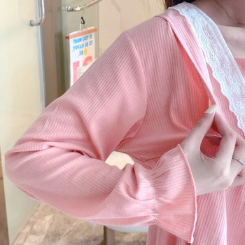 Σετ πιτζάμες μητρότητας θηλασμού Βαμβακερά γυναικεία ρούχα εγκυμοσύνης Πυζά μακρυμάνικα μπλουζάκια+παντελόνια Νυχτικό θηλασμού Θηλασμού