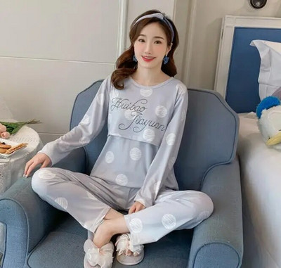 Szoptatás kismama pizsama szettek Pamut Terhesség Női Ruházat Hálóruhák Hosszú ujjú felsők+nadrágok Szoptatás Hálóing Szoptatás