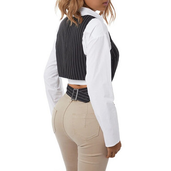 Дамска жилетка 2023 г., едноцветно/раирано тънко жилетка без ръкави с V-образно деколте Модно универсално палто Дамски дрехи