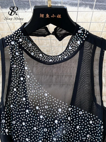 SINGREINY 2023 Γυναικείες μακριές μπλούζες με δικτυωτό χάντρες Μόδα αμάνικα διαμαντένια εξώπλατη λεπτή φόρμα με διάφανες σέξι φόρμες