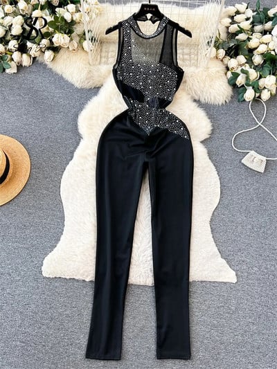 SINGREINY 2023 Moterų karoliukais puošti tinkliniai ilgi šliaužtinukai Madingi berankoviai deimantas be nugarų ploni, seksualūs kombinezonai