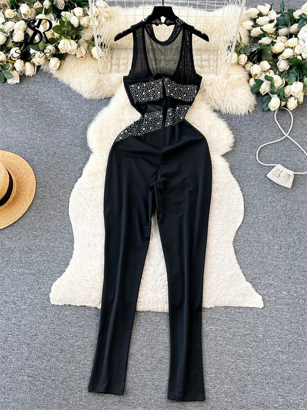 SINGREINY 2023 Moterų karoliukais puošti tinkliniai ilgi šliaužtinukai Madingi berankoviai deimantas be nugarų ploni, seksualūs kombinezonai