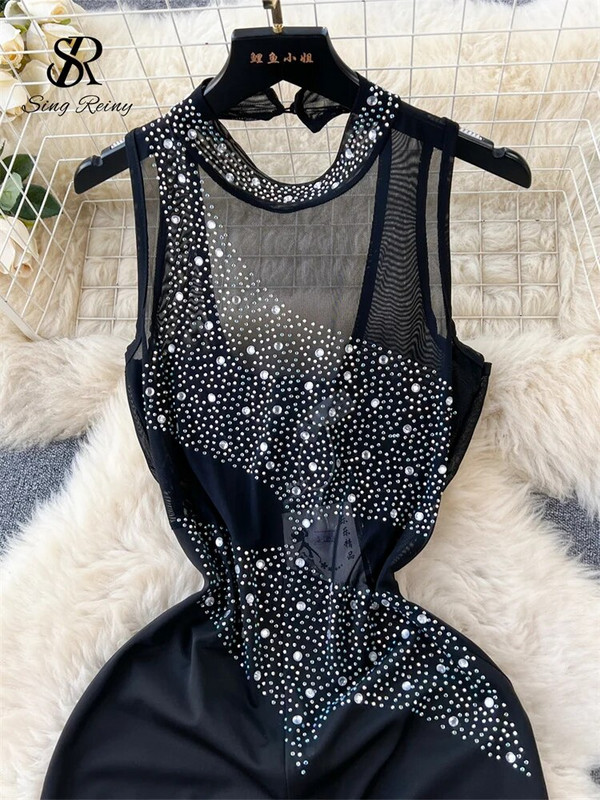 SINGREINY 2023 Moterų karoliukais puošti tinkliniai ilgi šliaužtinukai Madingi berankoviai deimantas be nugarų ploni, seksualūs kombinezonai