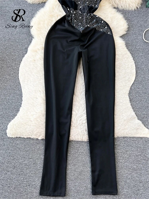 SINGREINY 2023 Moterų karoliukais puošti tinkliniai ilgi šliaužtinukai Madingi berankoviai deimantas be nugarų ploni, seksualūs kombinezonai