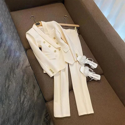 Elegantiškas moteriškas darbinis kostiumas su dvigule krūtine, švarkas, viršutinė dalis ir kelnaičių komplektas, derantis prie aprangos biuro moteriški drabužiai