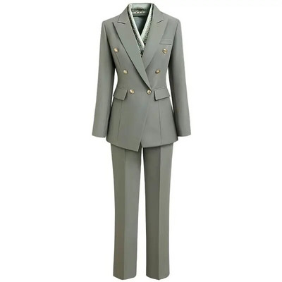 Elegantiškas moteriškas darbinis kostiumas su dvigule krūtine, švarkas, viršutinė dalis ir kelnaičių komplektas, derantis prie aprangos biuro moteriški drabužiai