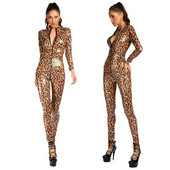 Moteriškas mados leopardo rašto kombinezonas, lakinės odos kačių kostiumas su ilgomis rankovėmis, triko, plonas kombinezonas