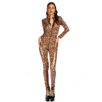 Дамско модно боди с леопардов принт, лачен кожен костюм, клубно облекло, трико с дълъг ръкав и цип, тесен гащеризон