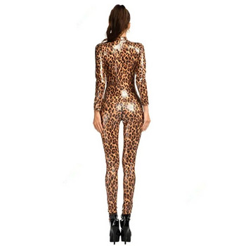 Дамско модно боди с леопардов принт, лачен кожен костюм, клубно облекло, трико с дълъг ръкав и цип, тесен гащеризон