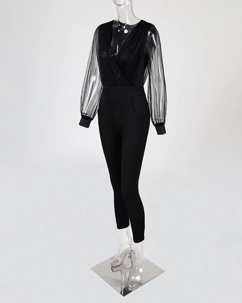 Дамски моден елегантен лъскав прозрачен мрежест гащеризон с джобен дизайн 2023 г. Нов
