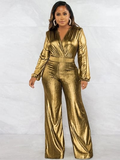 Blizgančio štampuoto audinio moteriškas kombinezonas plačiomis kojomis Sexy V kaklo ilgomis rankovėmis aukštu juosmeniu Vakarėlio šliaužtinukai klubo apranga 2022 m. rudens