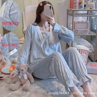 Jesenska flanelska odjeća za trudnice, zimska tanka pidžama od koraljnog flisa Komplet pidžama za trudnice i dojilje