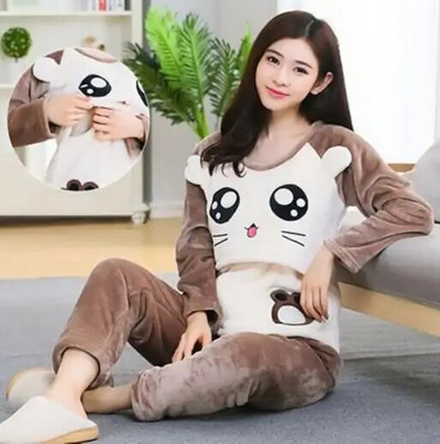 Jesenska flanelska odjeća za trudnice, zimska tanka pidžama od koraljnog flisa Komplet pidžama za trudnice i dojilje