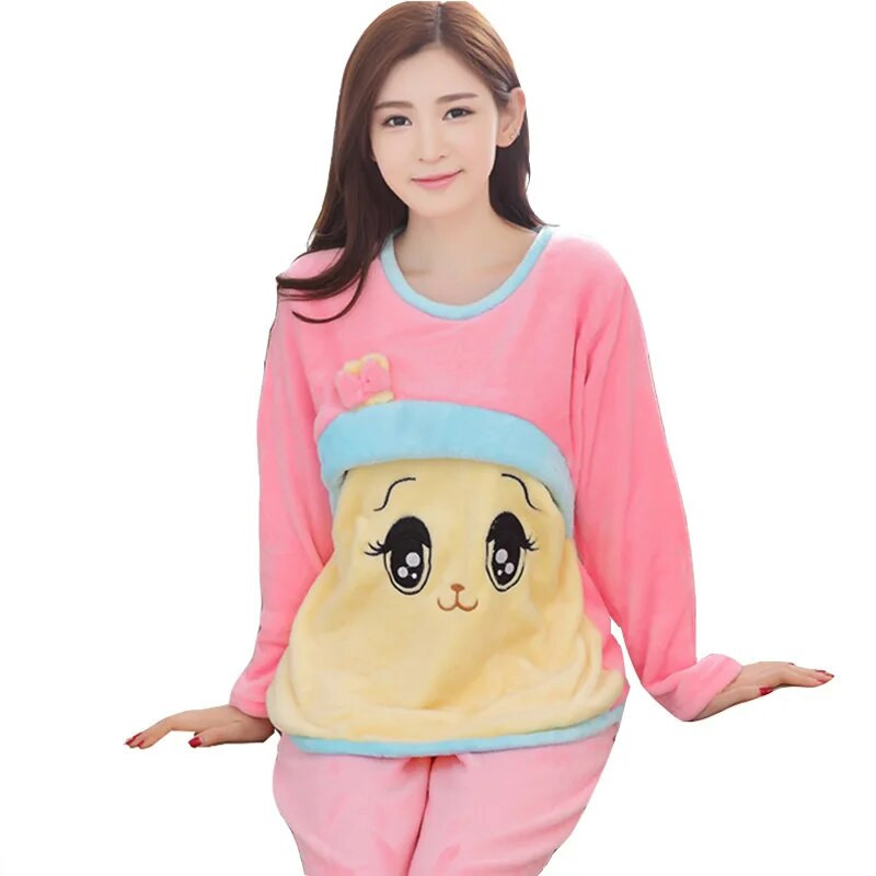 Jesenska flanelska odjeća za trudnice, zimska tanka pidžama od koraljnog flisa Komplet pidžama za trudnice i dojilje