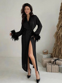 Hiloc ogrtač s dugim rukavima i prorezom od crnog perja Seksi ogrtači za žene Noćna haljina Ženska spavaćica Ženska kućna haljina