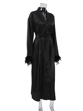 Hiloc Black Feather Patchwork Robe Long Sleeve Slit Sexy Robes For Women Sleep Night Dress Women Sleepwear Дамски пеньоар