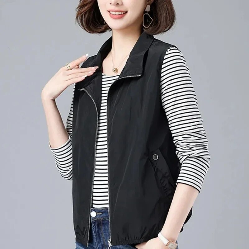 Įprasta liemenė su pamušalu moteriška juoda solidi plona vasarinė striukė be rankovių 2024 m. pavasario liemenė, madinga Chalecos Mujer I159