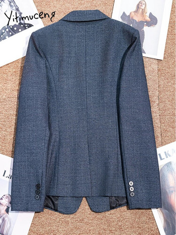 Yitimuceng Сиви дамски панталони Нова корейска мода Официален сако с дълъг ръкав Панталон Комплект от 2 части Есен Зима 2203
