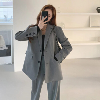 φθινοπωρινά σετ γυναικεία μπλέιζερ γραφείου Κορεάτικο στυλ φαρδύ γκρι κοστούμι σακάκι ψηλόμεσο φαρδύ παντελόνι 2 σετ δύο τεμαχίων γυναικεία ρούχα