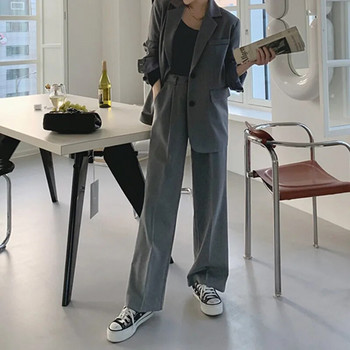есенни офис дамски блейзър комплекти свободен сив костюм яке с висока талия широки панталони 2 комплекта от две части дамски тоалети
