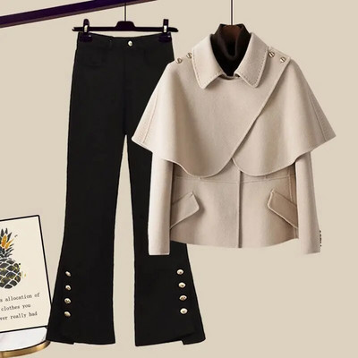 Naiste sügistalvine uus vintage liibuv pikkade varrukatega ülikond + mikrolahvatusega püksid, kaheosaline Korea vabaaja bleiserite sobiv komplekt