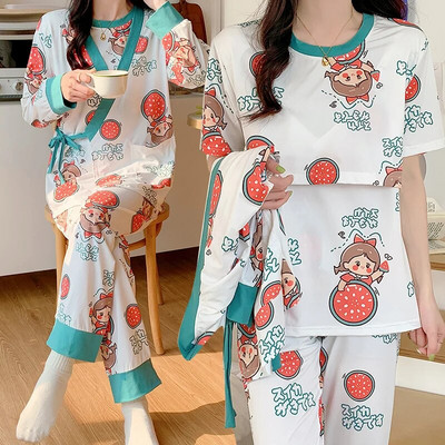 3vnt./komplektas Nėščiųjų pižamos kostiumai slaugai Mada Spausdinti žindymo viršutiniai drabužiai + Paltai ilgomis rankovėmis + Ilgos kelnės Nėštumo drabužių rinkinys