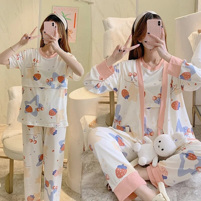 3vnt./komplektas Nėščiųjų pižamos kostiumai slaugai Mada Spausdinti žindymo viršutiniai drabužiai + Paltai ilgomis rankovėmis + Ilgos kelnės Nėštumo drabužių rinkinys