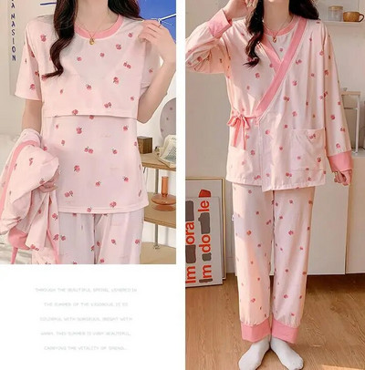 3vnt./komplektas Nėščiųjų pižamos kostiumai slaugai Mada Spausdinti žindymo viršutiniai drabužiai + Paltai ilgomis rankovėmis + Ilgos kelnės Nėštumo drabužių rinkinys