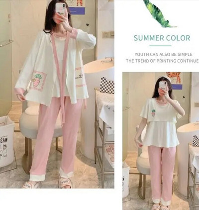 3vnt./komplektas Nėščiųjų pižamos kostiumai slaugai Mada Spausdinti žindymo viršutiniai drabužiai + Paltai ilgomis rankovėmis + Ilgos kelnės Nėštumo drabužių rinkinys