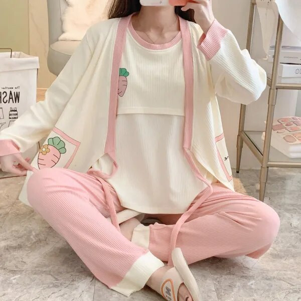 3vnt./komplektas Nėščiųjų pižamos kostiumai slaugai Mada Spausdinti žindymo viršutiniai drabužiai + Paltai ilgomis rankovėmis + Ilgos kelnės Nėštumo drabužių rinkinys