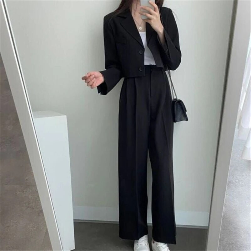 2023 m. Blazer Fashion Kasdieniai solidūs elegantiški kelnių rinkiniai aukštu juosmeniu, vieneiliai laisvo temperamento dviejų dalių komplektai, moteriški kostiumai