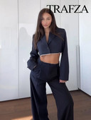 TRAFZA ženski modni setovi 2023. Patchwork Behind Jacket Style skraćeni sakoi + svestrane High Street ženske hlače širokih nogavica