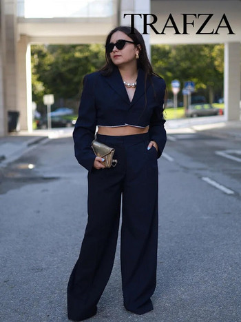 Γυναικεία σετ μόδας TRAFZA 2023 Patchwork Behind Jacket Style Cropped Blazers + ευέλικτο γυναικείο φαρδύ παντελόνι High Street