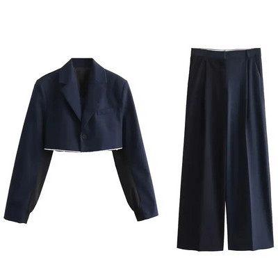 TRAFZA ženski modni setovi 2023. Patchwork Behind Jacket Style skraćeni sakoi + svestrane High Street ženske hlače širokih nogavica