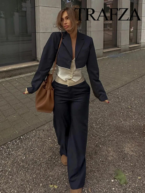 TRAFZA ženski modni setovi 2023. Patchwork Behind Jacket Style skraćeni sakoi + svestrane High Street ženske hlače širokih nogavica