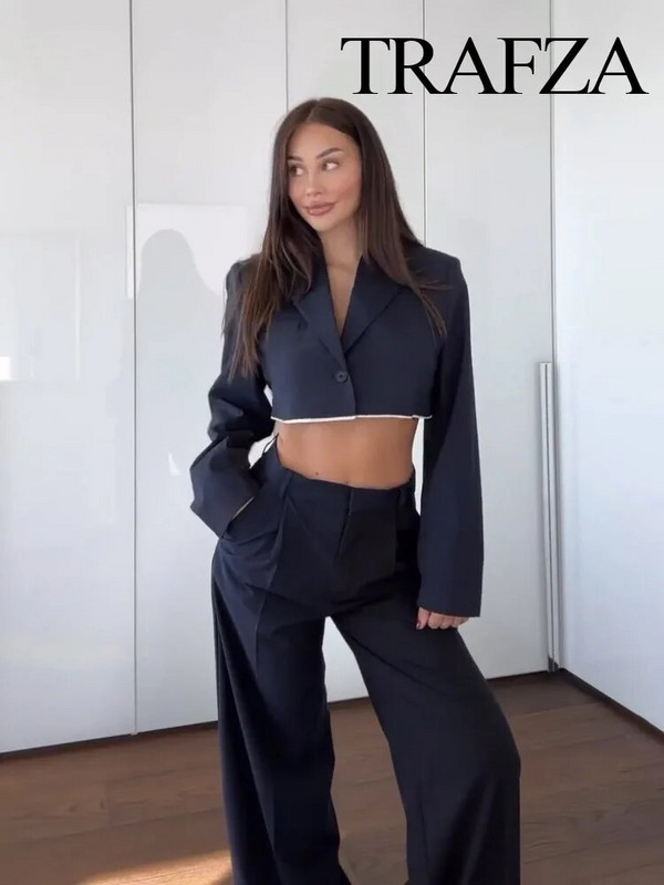 TRAFZA ženski modni setovi 2023. Patchwork Behind Jacket Style skraćeni sakoi + svestrane High Street ženske hlače širokih nogavica