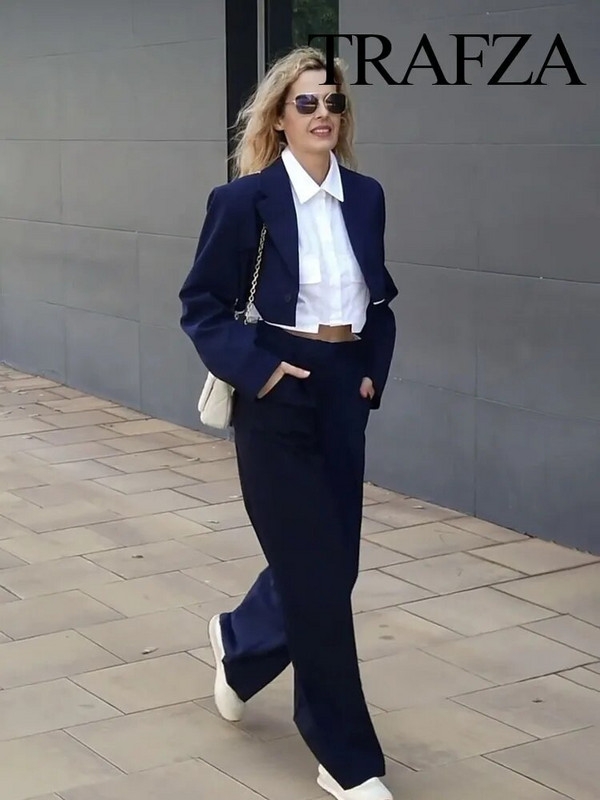TRAFZA ženski modni setovi 2023. Patchwork Behind Jacket Style skraćeni sakoi + svestrane High Street ženske hlače širokih nogavica