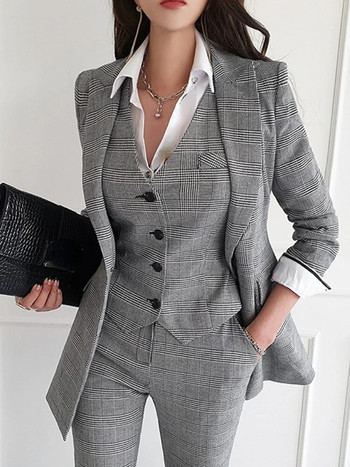 Γυναικείο κομψό, επίσημο επαγγελματικό μπλέιζερ κοστούμι 3 τεμαχίων γραφείου, καρό σακάκι, γιλέκο παντελόνι, κορεατική μόδα, γυναικεία vintage ρούχα