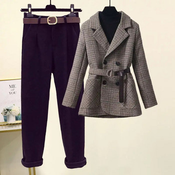 Διακόσμηση ζώνης σε κορεατικό στυλ Vintage σακάκι Blazer Flocked Casual Pants Κομψό γυναικείο κοστούμι παντελόνι γραφείου δύο τεμαχίων