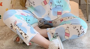 Пролетен комплект пижами за бременни жени за кърмене Модни комплекти дрехи за бременни и кърмачки Дантелени пачуърк горнища за кърмене + тънки панталони