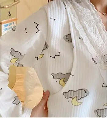 Άνοιξη Έγκυος Γυναίκα Θηλασμού Σετ Πιτζάμες Μόδα Ρούχα Νοσηλευτικής εγκυμοσύνης Σετ Δαντελένια μπλουζάκια Θηλασμού+Παντελόνι Λεπτό