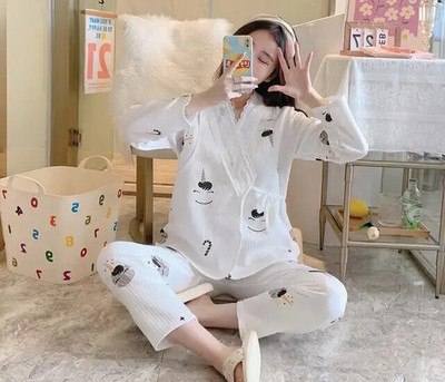 Άνοιξη Έγκυος Γυναίκα Θηλασμού Σετ Πιτζάμες Μόδα Ρούχα Νοσηλευτικής εγκυμοσύνης Σετ Δαντελένια μπλουζάκια Θηλασμού+Παντελόνι Λεπτό