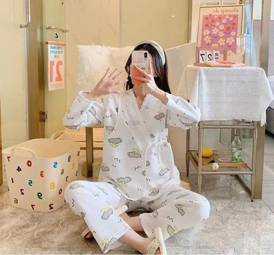 Άνοιξη Έγκυος Γυναίκα Θηλασμού Σετ Πιτζάμες Μόδα Ρούχα Νοσηλευτικής εγκυμοσύνης Σετ Δαντελένια μπλουζάκια Θηλασμού+Παντελόνι Λεπτό