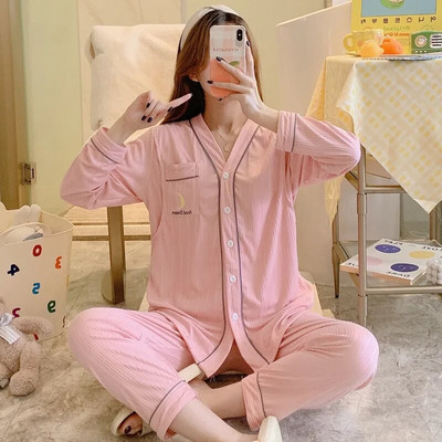 Άνοιξη Έγκυος Γυναίκα Θηλασμού Σετ Πιτζάμες Μόδα Ρούχα Νοσηλευτικής εγκυμοσύνης Σετ Δαντελένια μπλουζάκια Θηλασμού+Παντελόνι Λεπτό